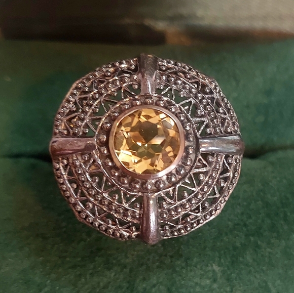 Yellow Topaz Mega Round Filigree Disc Vintage Ring Signed GFJ From Thailand - Picture 4 of 9